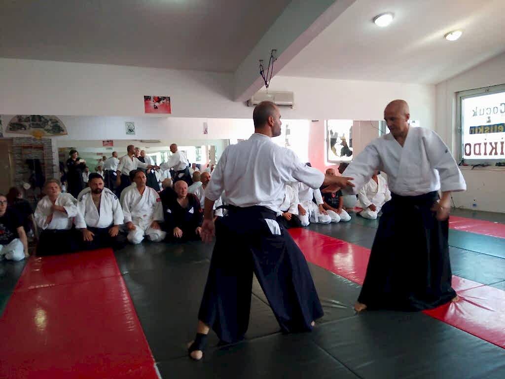 Sensei Kürşat Demir, Antalya Aikizen Dojo'da dünya çapında tanınan Aikido ustası Bodo Rödel Shihan (6. Dan) ile ileri seviye bir teknik uygulama (waza) gerçekleştirirken.